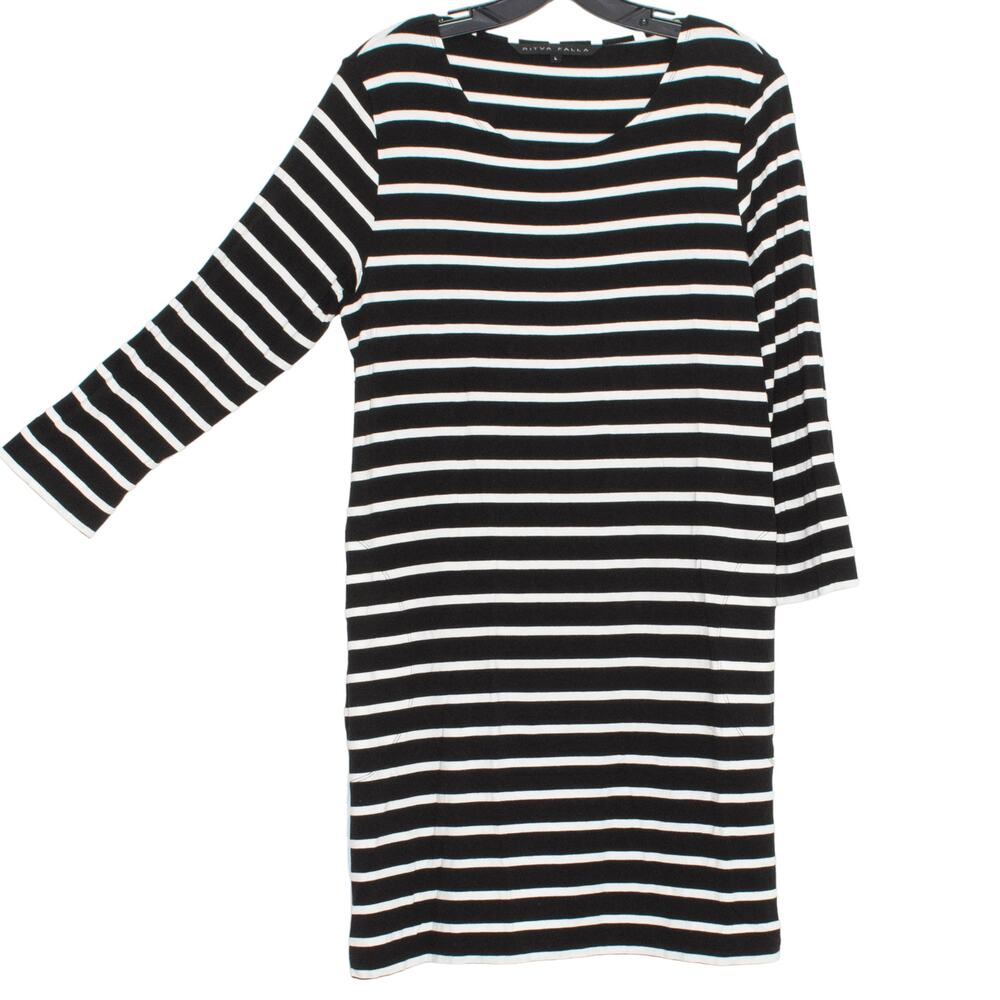 Ritva Falla Womens Dress T Shirt Stripe 3/4 Sleeve Mini Black White Large FU